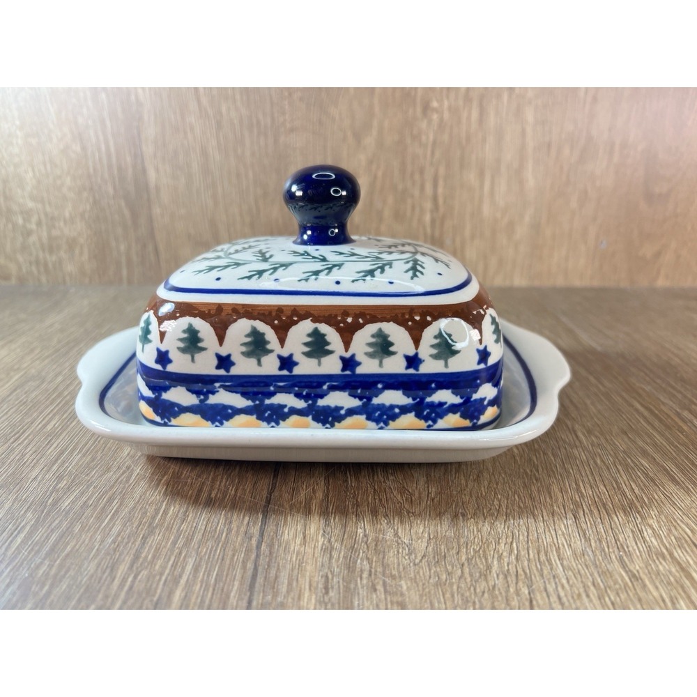 boleslawiec polish pottery Evergreen Covered butter dish 8"x5"